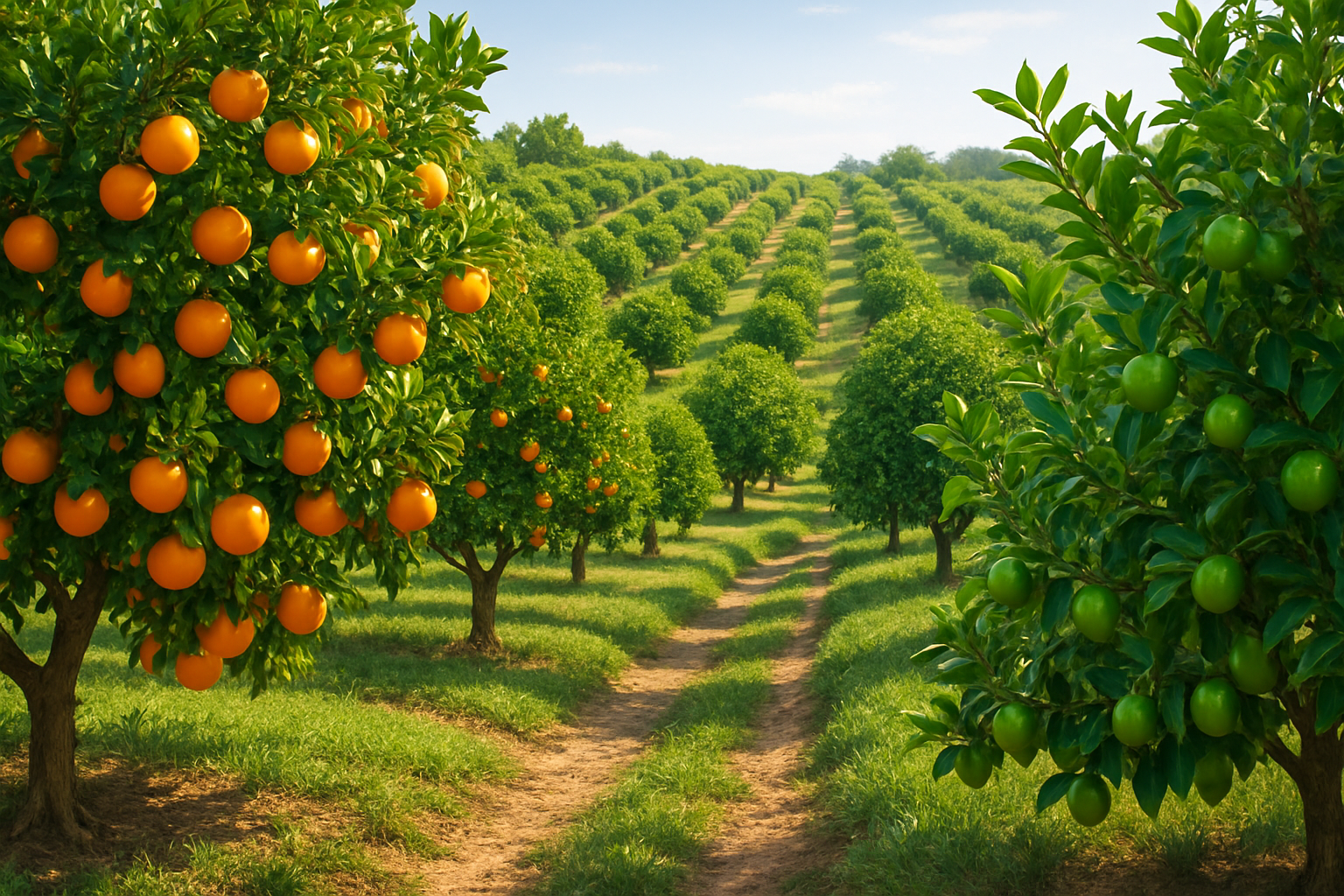 i want a field with a lot of fruit tree, oranges, lime
